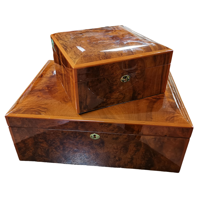 Custom Luxurious Wooden Box Manufacturer High Gloss Lacquer Tree Burl Wooden Watch Box Design Moveable Watch Tray w/storage box